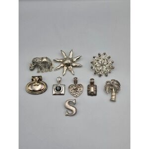 Lot of 9 Jewelry OS Silver Good Pendants Brooches Elephant Sun‎ Heart pendant